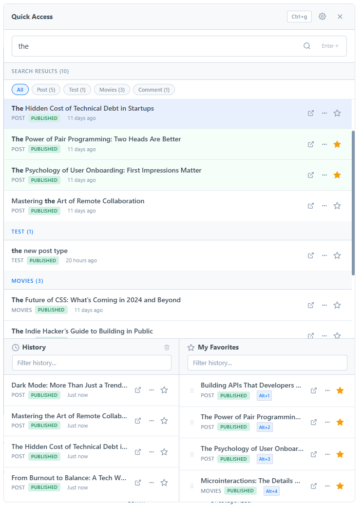 WP Quick Palette — content search results